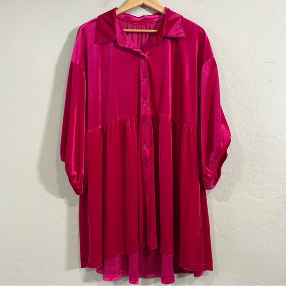 Tops - Plus Size Hot Pink Fuchsia Velvet Button Down Babydoll Tunic Top 2X Holiday